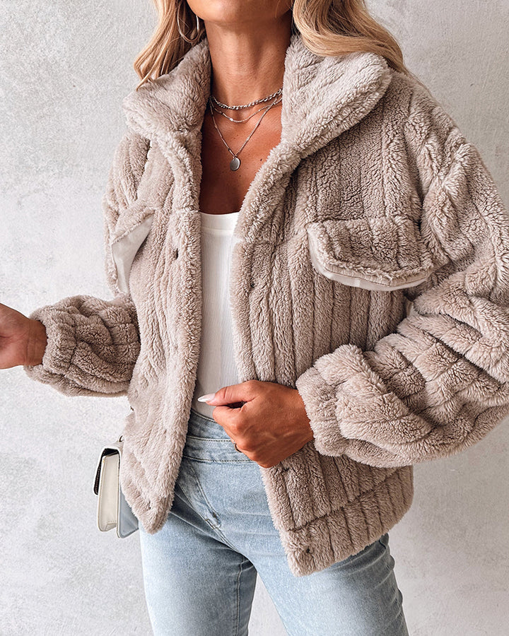 Textured Striped Turn-down Collar Button Front Elastic Cuff and Hem Teddy Fleece Jacket With Decorative Flap Pockets