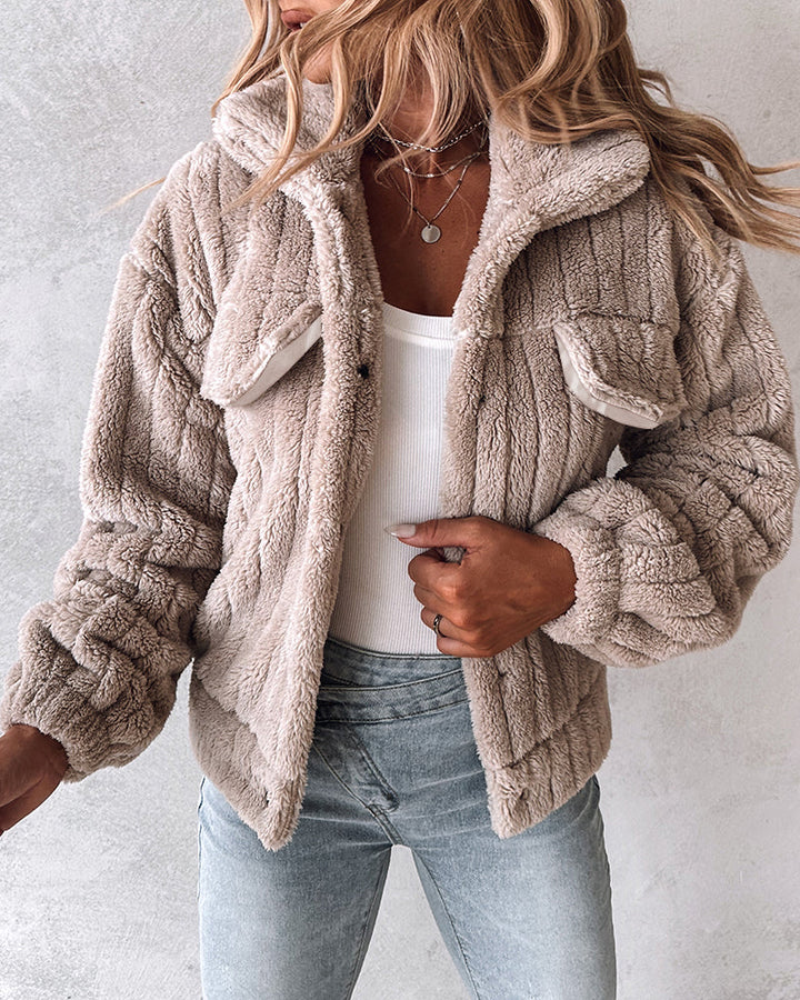 Textured Striped Turn-down Collar Button Front Elastic Cuff and Hem Teddy Fleece Jacket With Decorative Flap Pockets