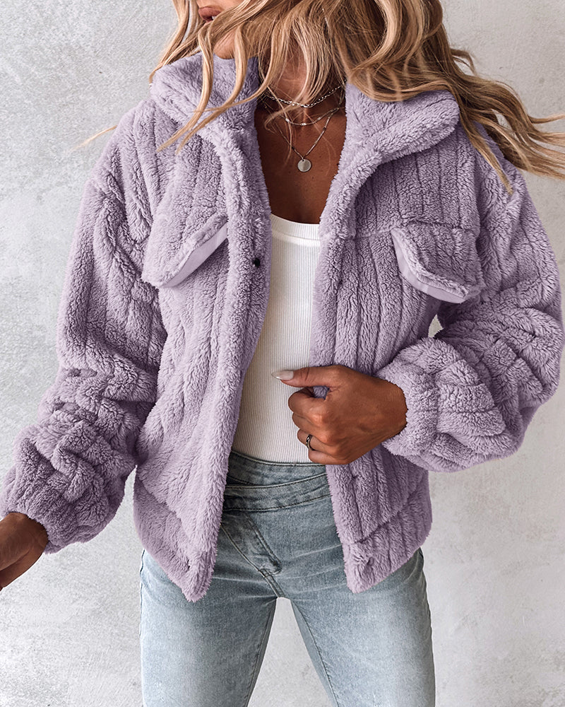 Textured Striped Turn-down Collar Button Front Elastic Cuff and Hem Teddy Fleece Jacket With Decorative Flap Pockets