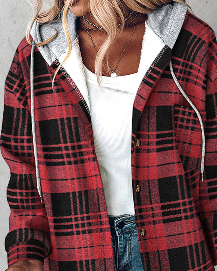 Plaid Print Button Front Pocket Design Drawstring Hoodie Jacket Casual Asymmetrical Hem Thermal Lined Warm Coat