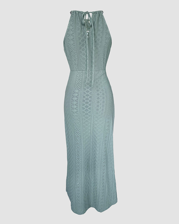 Adjustable Halter Hollow-out Back Ruched Front Slit Dress Guipure Lace Yoke Eyelet Embroidery Vacation Dress