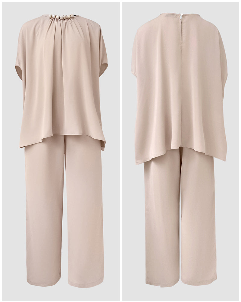 2 Pieces Outfit Elegant Pearl Embellished Split Sleeve Top and Casual Wide Leg Pants Set
