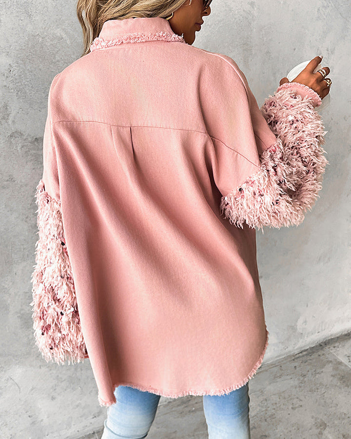 Sequin Decor Turn-down Collar Button Front Pockets Design Denim Coat Casual Fuzzy Spliced Raw Trim Shacket