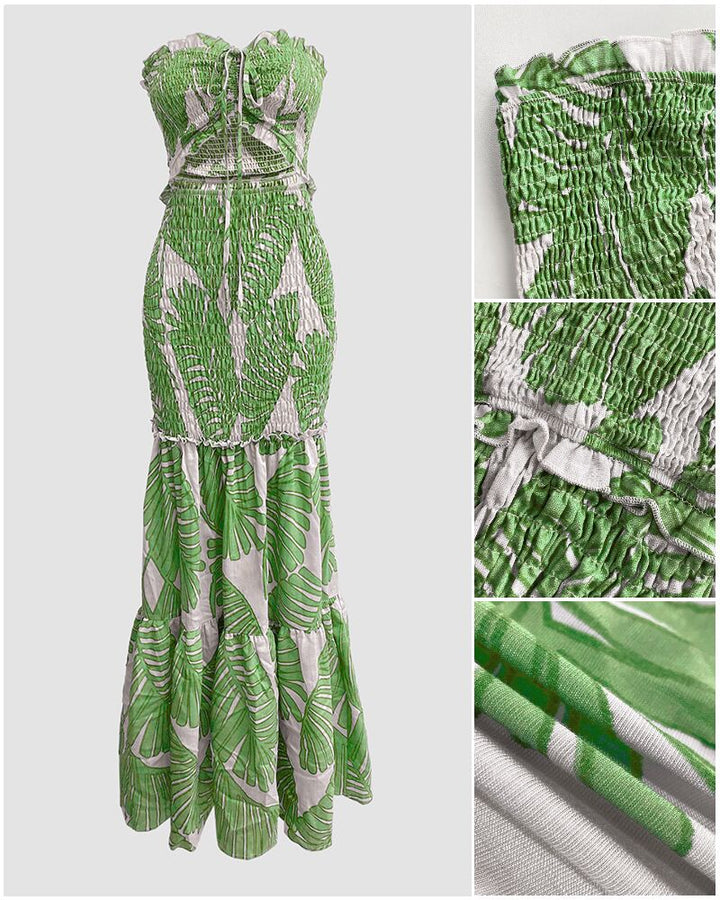 Tropical Print Halter Tie Shirred Frill Trim Cinched Waist Vacation Dress Ruched Cutout Front Slim Fit Ruffle Hem Mermaid Dress