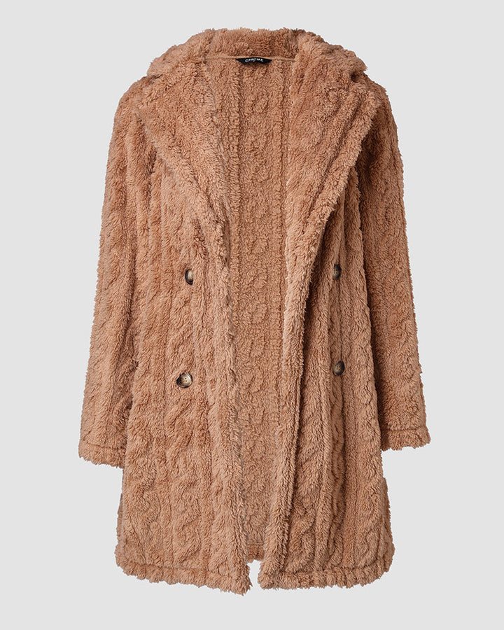 Cable Textured Lapel Neck Button Front Pocket Design Thermal Teddy Coat