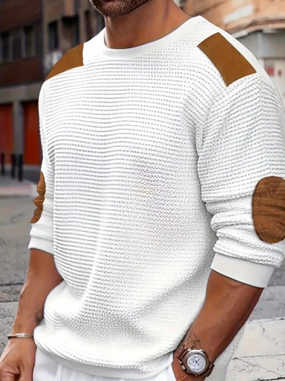 Herren Casual Waffle Tricot Sweatshirt met Contrastkleuren en Patches - Wasbaar Ronde Hals Pullover voor Outdoor Vrije Tijd, Textuur Kleding