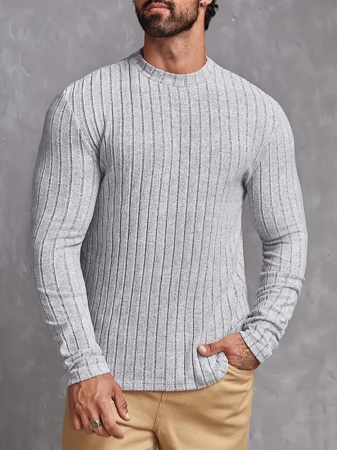Hoogelastische Heren Nieuw Gebreide Pullover Ronde Hals Lente Herfst Basislaag Shirt