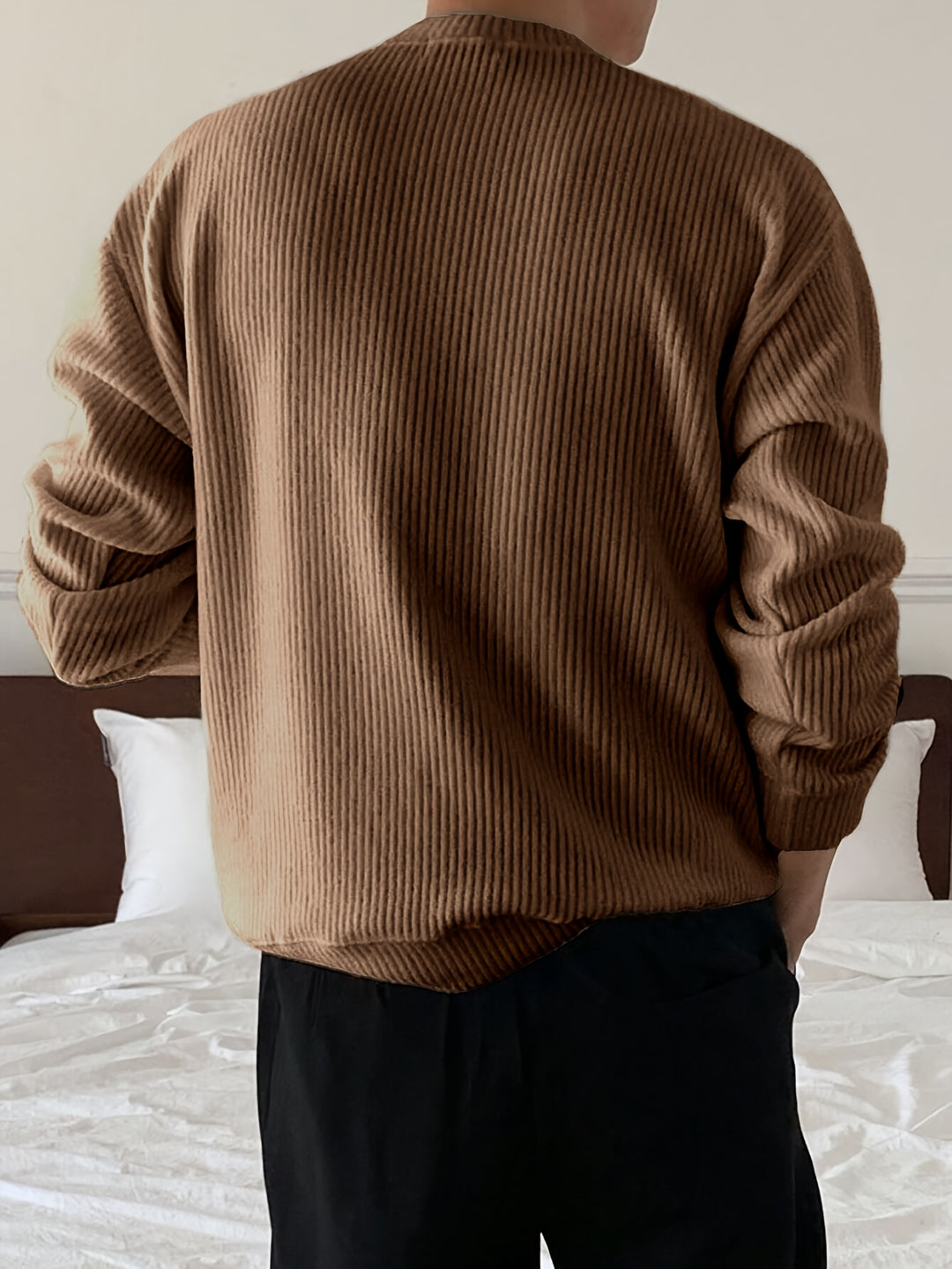 Heren gebreid T-shirt met lange mouwen, geribbeld en losvallend, voor lente/herfst, nieuwe gebreide pullover met ronde hals, casual modieuze sweatshirt