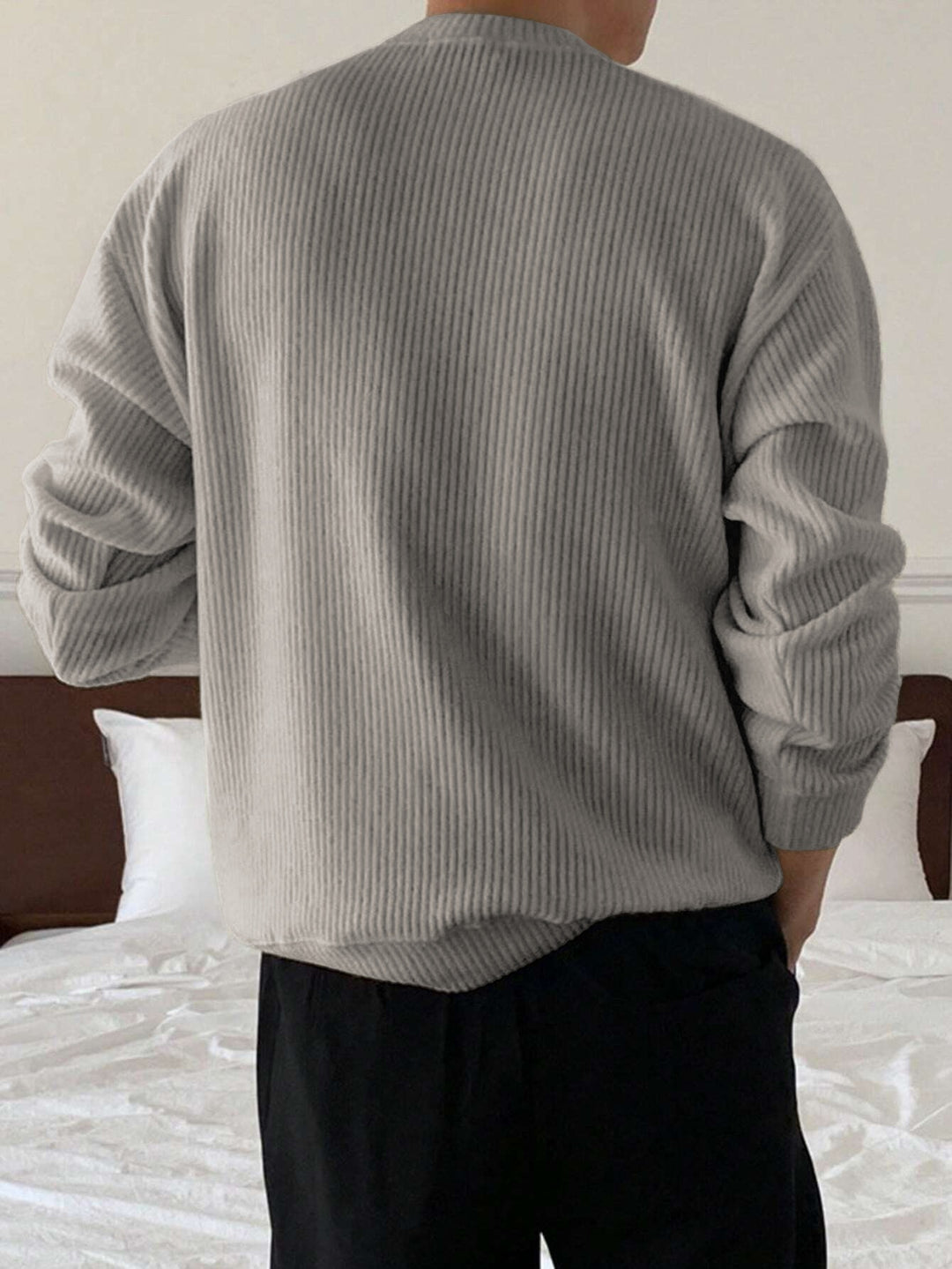 Heren gebreid T-shirt met lange mouwen, geribbeld en losvallend, voor lente/herfst, nieuwe gebreide pullover met ronde hals, casual modieuze sweatshirt