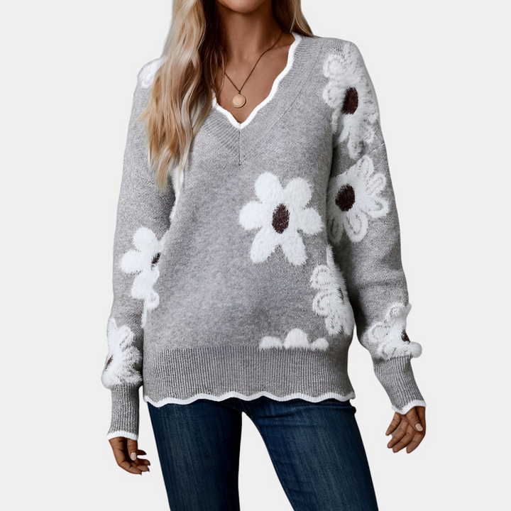 Felicja - Elegancki Sweter z Dekoltem w Serek w Kwiaty
