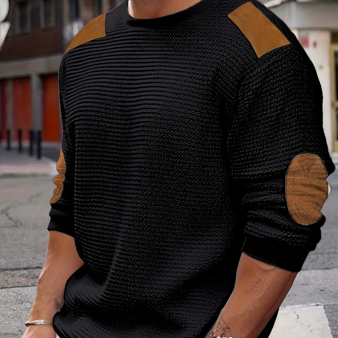 Herren Casual Waffle Tricot Sweatshirt met Contrastkleuren en Patches - Wasbaar Ronde Hals Pullover voor Outdoor Vrije Tijd, Textuur Kleding