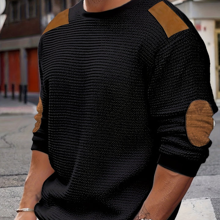 Herren Casual Waffle Tricot Sweatshirt met Contrastkleuren en Patches - Wasbaar Ronde Hals Pullover voor Outdoor Vrije Tijd, Textuur Kleding