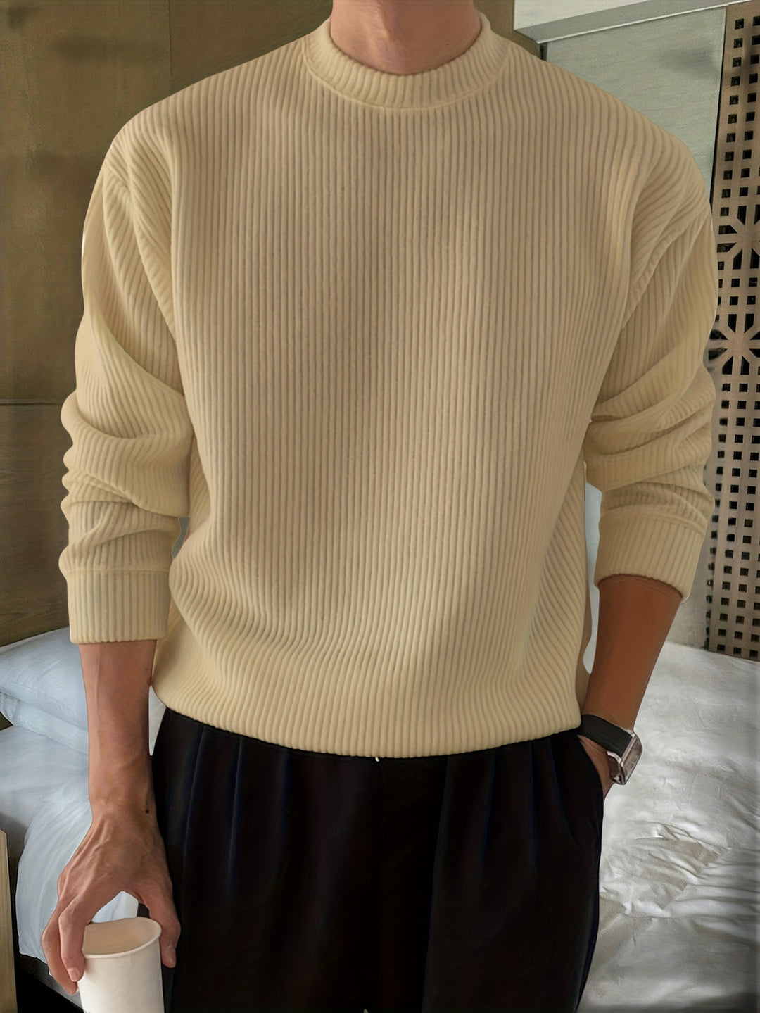 Heren gebreid T-shirt met lange mouwen, geribbeld en losvallend, voor lente/herfst, nieuwe gebreide pullover met ronde hals, casual modieuze sweatshirt