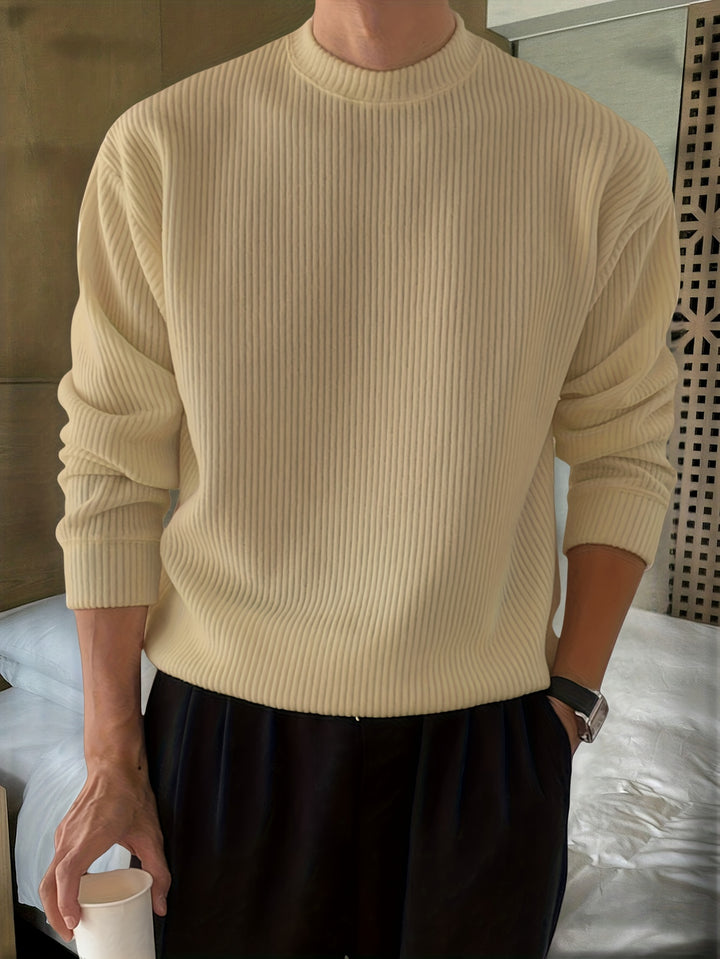 Heren gebreid T-shirt met lange mouwen, geribbeld en losvallend, voor lente/herfst, nieuwe gebreide pullover met ronde hals, casual modieuze sweatshirt