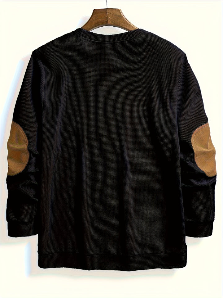 Herren Casual Waffle Tricot Sweatshirt met Contrastkleuren en Patches - Wasbaar Ronde Hals Pullover voor Outdoor Vrije Tijd, Textuur Kleding