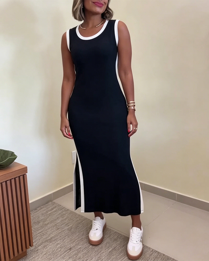Women's Contrast Binding Tank Dress Slim Fit Sleeveless Maxi Dress Side Slit Casual Knit Sundress