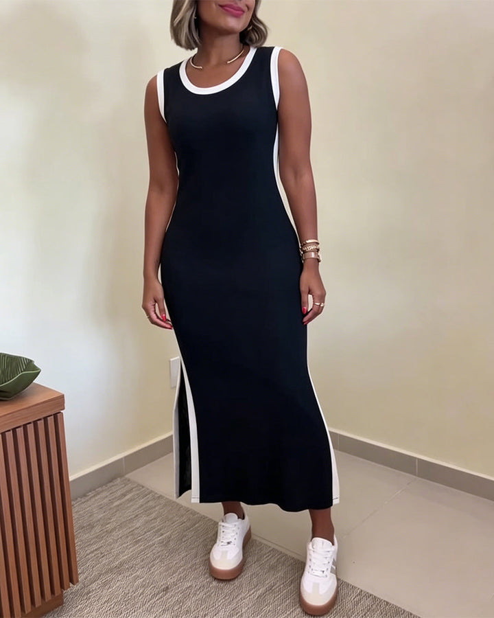 Women's Contrast Binding Tank Dress Slim Fit Sleeveless Maxi Dress Side Slit Casual Knit Sundress