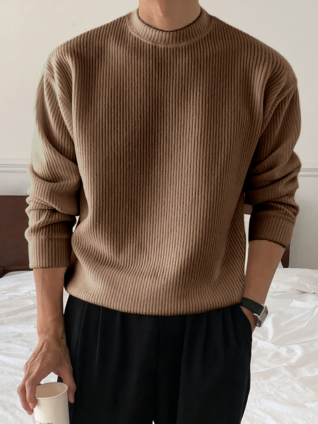 Heren gebreid T-shirt met lange mouwen, geribbeld en losvallend, voor lente/herfst, nieuwe gebreide pullover met ronde hals, casual modieuze sweatshirt