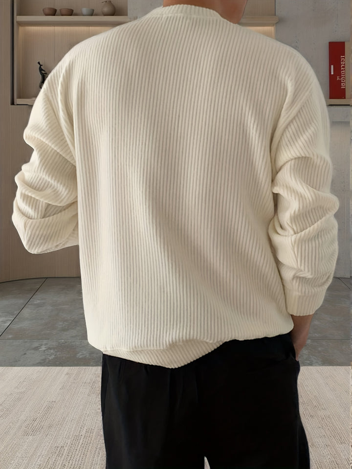 Heren gebreid T-shirt met lange mouwen, geribbeld en losvallend, voor lente/herfst, nieuwe gebreide pullover met ronde hals, casual modieuze sweatshirt