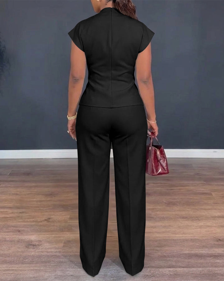 2 Pieces Outfit V-Neck Short Sleeve Twist Front Zipper Back Top and Straight Leg Pants Set Casual Commuting Set