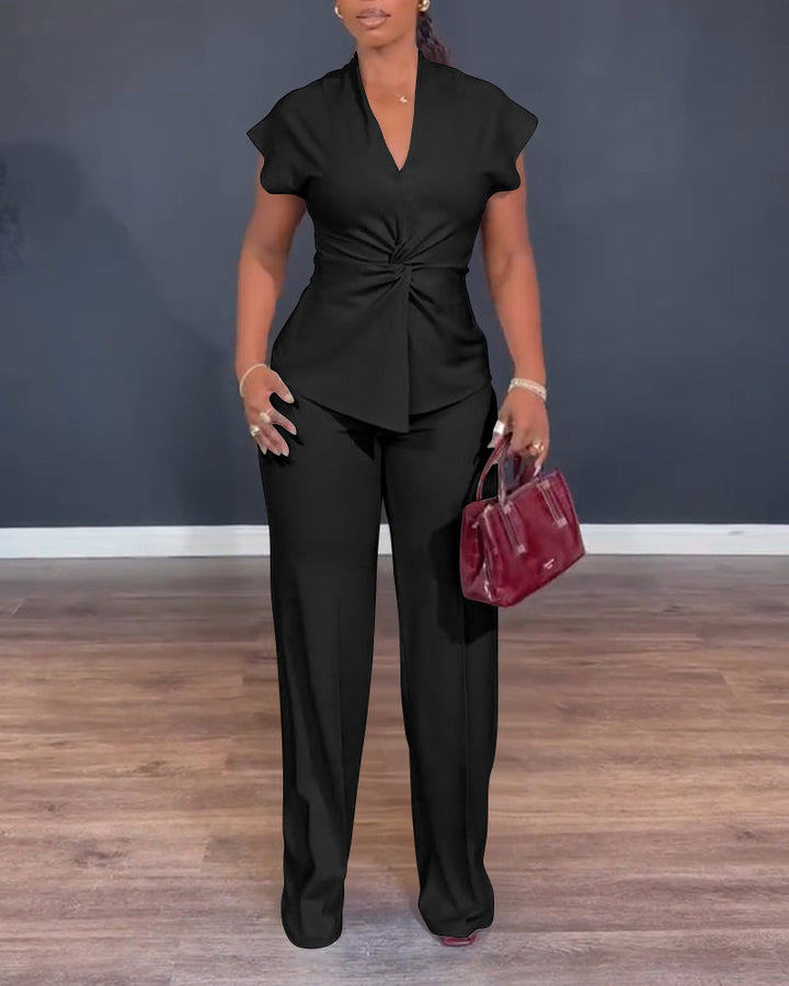 2 Pieces Outfit V-Neck Short Sleeve Twist Front Zipper Back Top and Straight Leg Pants Set Casual Commuting Set