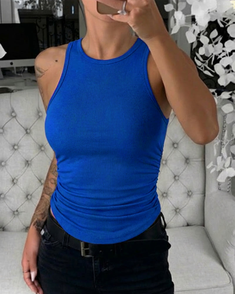 Round Neck Sleeveless Side Ruched Tank Slim Fit Ribbed Racerback Tank Top