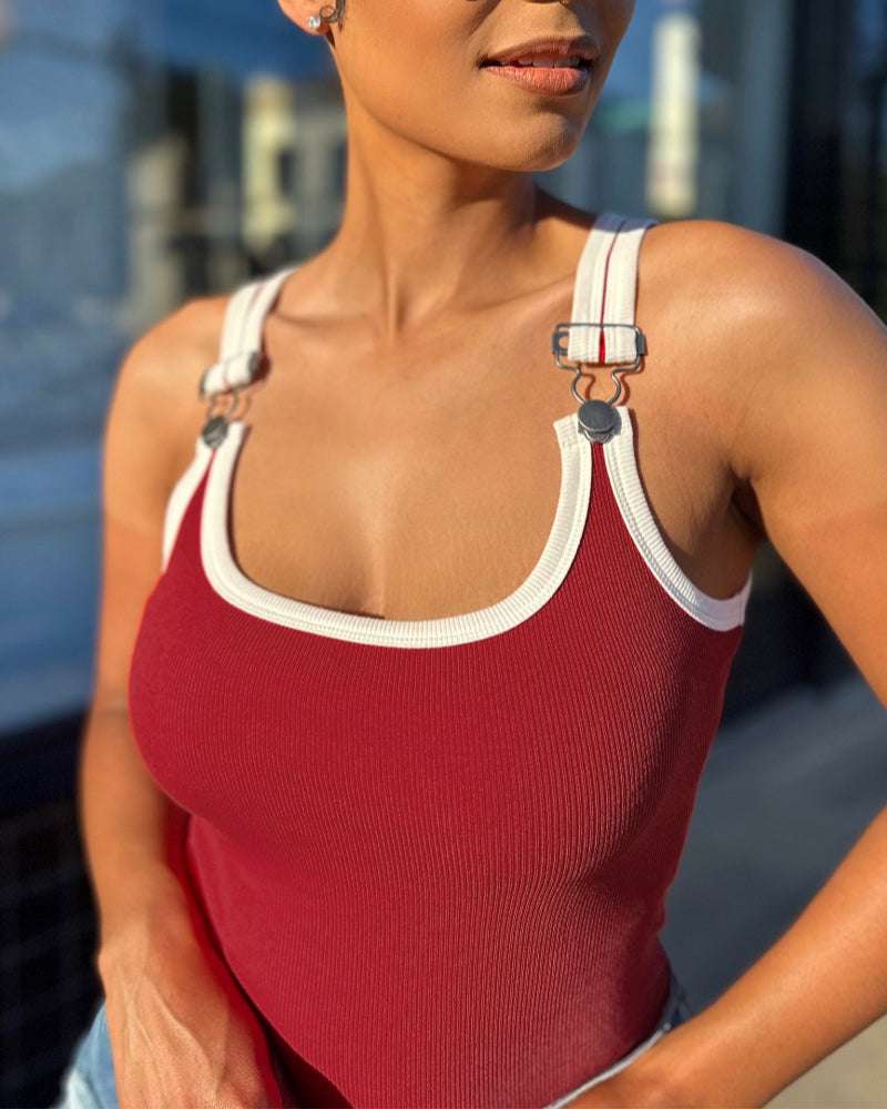 Women's Contrast Binding Camisole Rib-Knit Slim Fit Tank Top Sexy Cami with Metal Buckle Straps