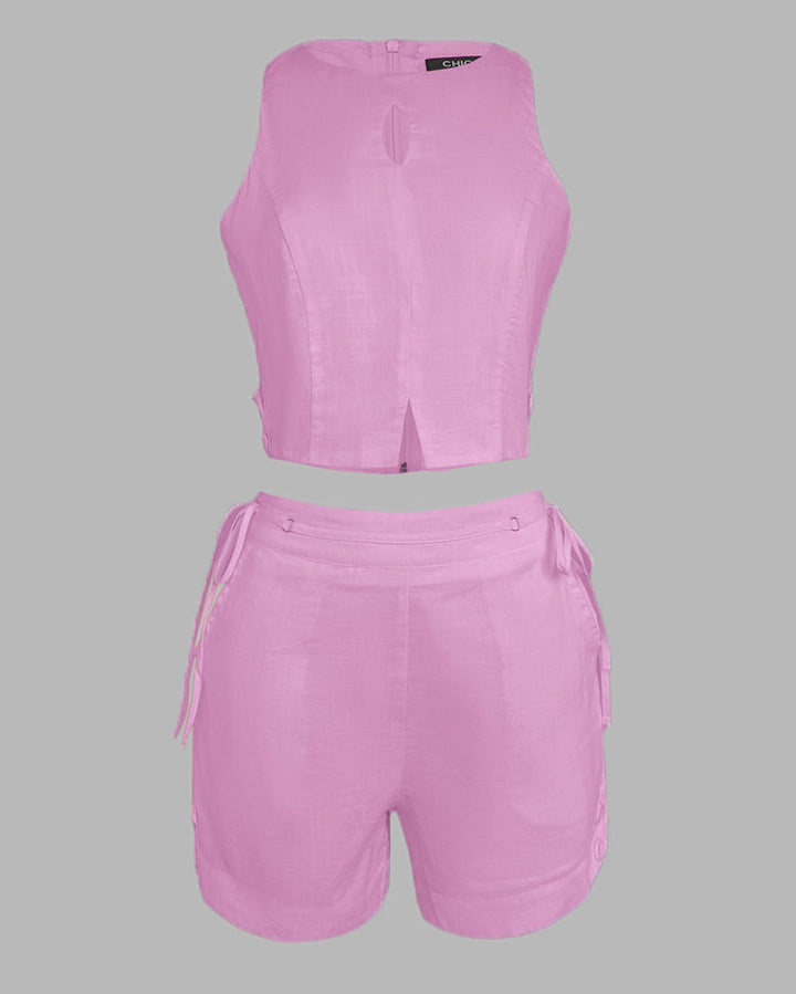 2 Pieces Outfit Button Decor Sleeveless Hollow-out Front Zipper Back Crop Top and Casual Elastic Back Waist Tie Side Shorts Set