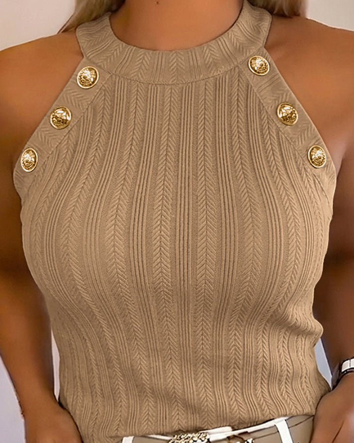 Women's Halter Neck Knit Tank Top Gold Button Cable Knit Vest Sleeveless Slim Fit Ribbed Top