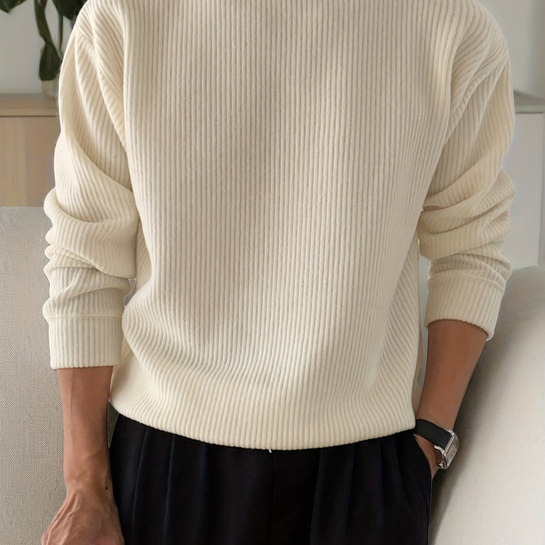 Heren gebreid T-shirt met lange mouwen, geribbeld en losvallend, voor lente/herfst, nieuwe gebreide pullover met ronde hals, casual modieuze sweatshirt