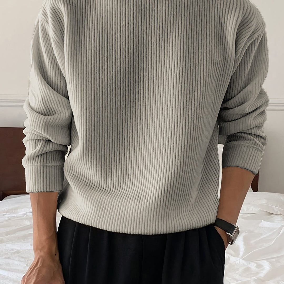 Heren gebreid T-shirt met lange mouwen, geribbeld en losvallend, voor lente/herfst, nieuwe gebreide pullover met ronde hals, casual modieuze sweatshirt