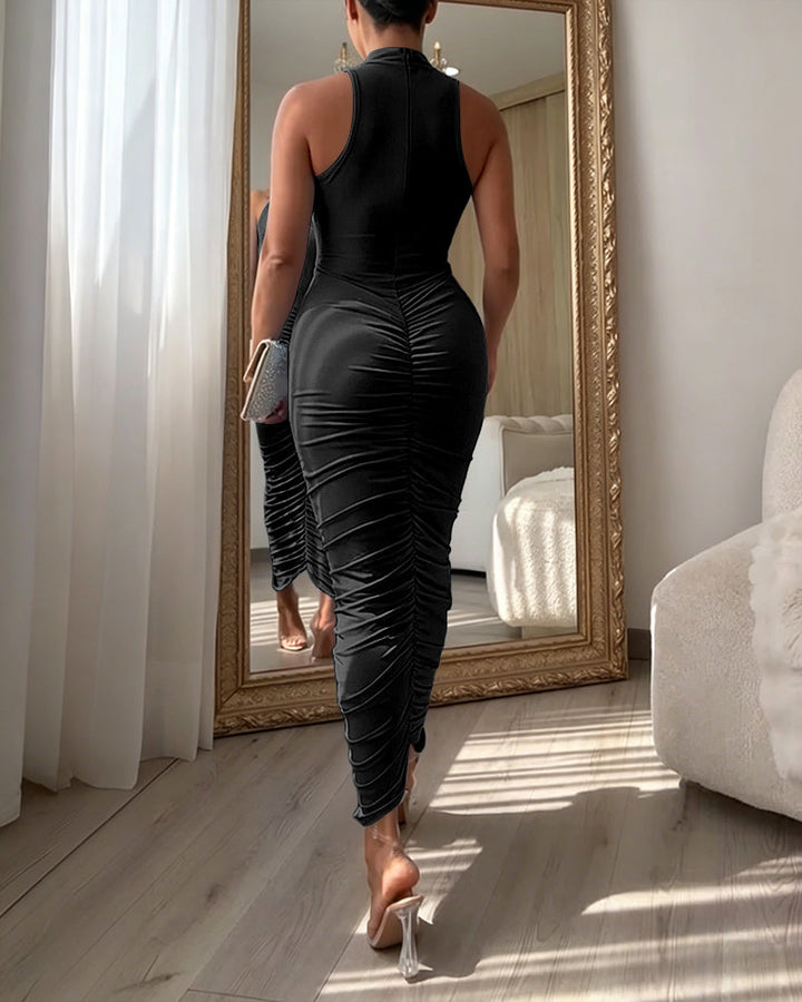 Women's Mock Neck Sleeveless Ruched Bodycon Dress Sexy Racerback Slit Slim Fit Party Dress