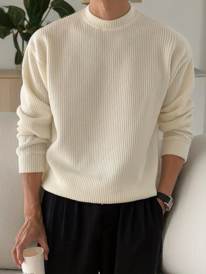 Heren gebreid T-shirt met lange mouwen, geribbeld en losvallend, voor lente/herfst, nieuwe gebreide pullover met ronde hals, casual modieuze sweatshirt