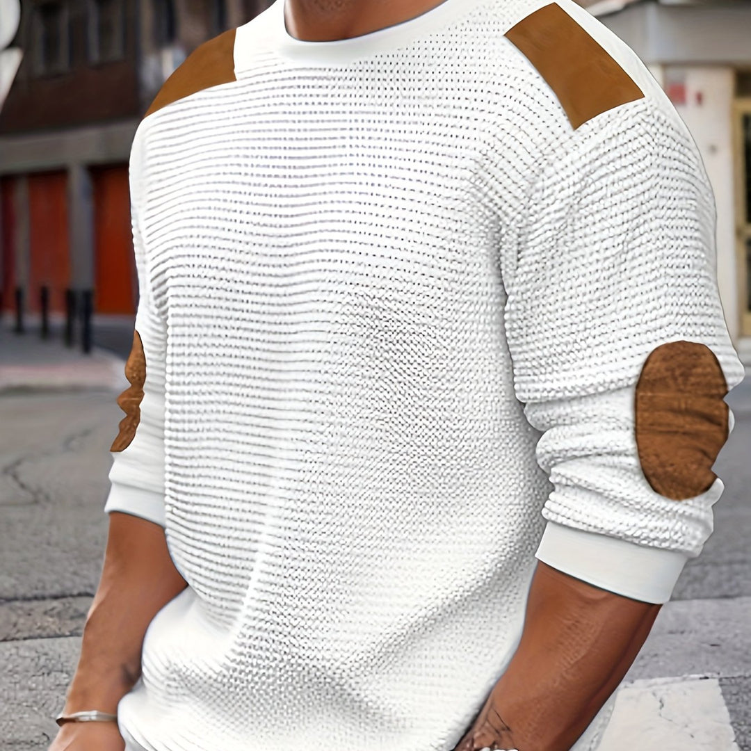 Herren Casual Waffle Tricot Sweatshirt met Contrastkleuren en Patches - Wasbaar Ronde Hals Pullover voor Outdoor Vrije Tijd, Textuur Kleding