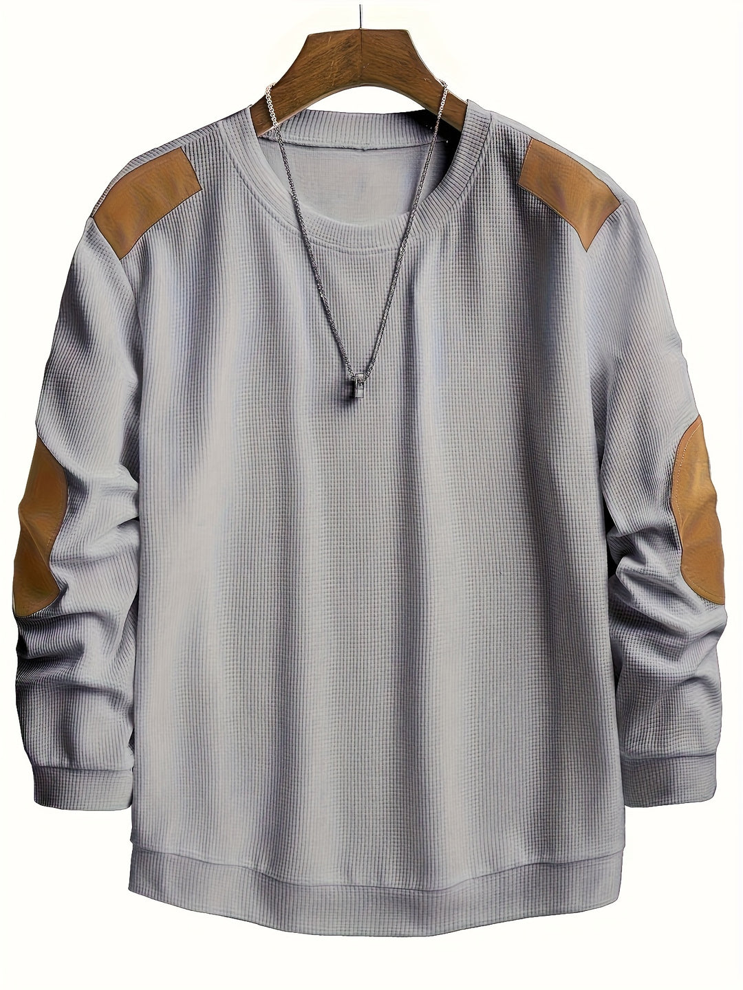 Herren Casual Waffle Tricot Sweatshirt met Contrastkleuren en Patches - Wasbaar Ronde Hals Pullover voor Outdoor Vrije Tijd, Textuur Kleding