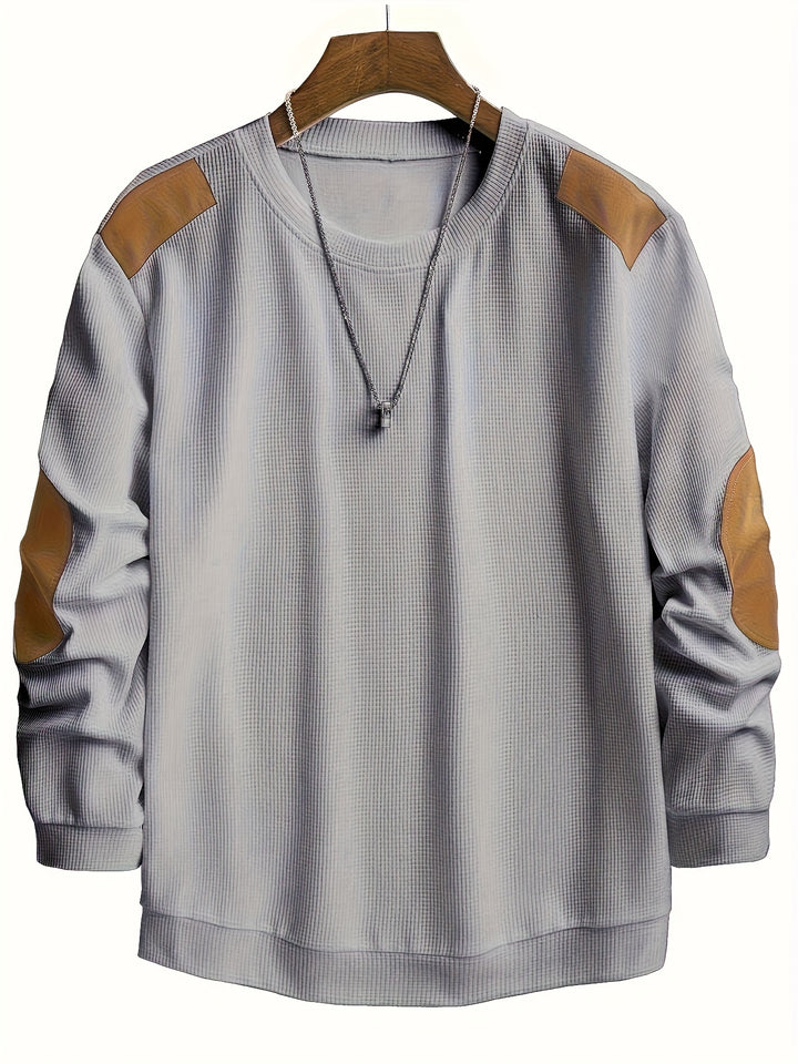 Herren Casual Waffle Tricot Sweatshirt met Contrastkleuren en Patches - Wasbaar Ronde Hals Pullover voor Outdoor Vrije Tijd, Textuur Kleding