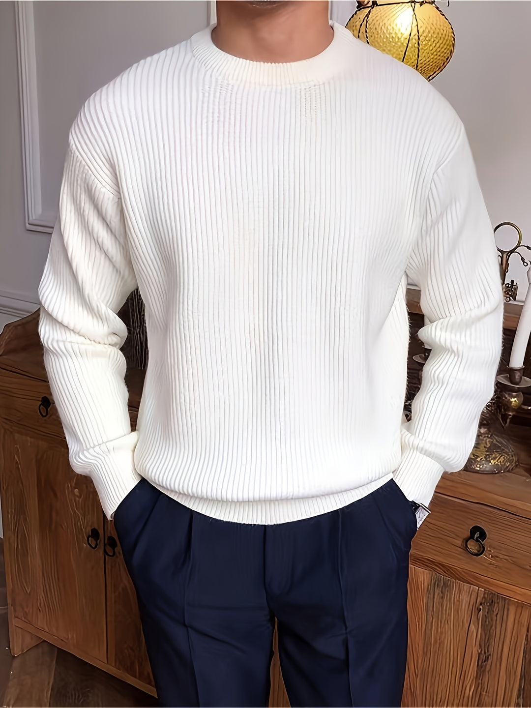 Heren gebreid T-shirt met lange mouwen, geribbeld en losvallend, voor lente/herfst, nieuwe gebreide pullover met ronde hals, casual modieuze sweatshirt