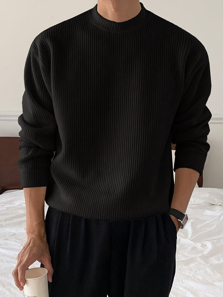 Heren gebreid T-shirt met lange mouwen, geribbeld en losvallend, voor lente/herfst, nieuwe gebreide pullover met ronde hals, casual modieuze sweatshirt
