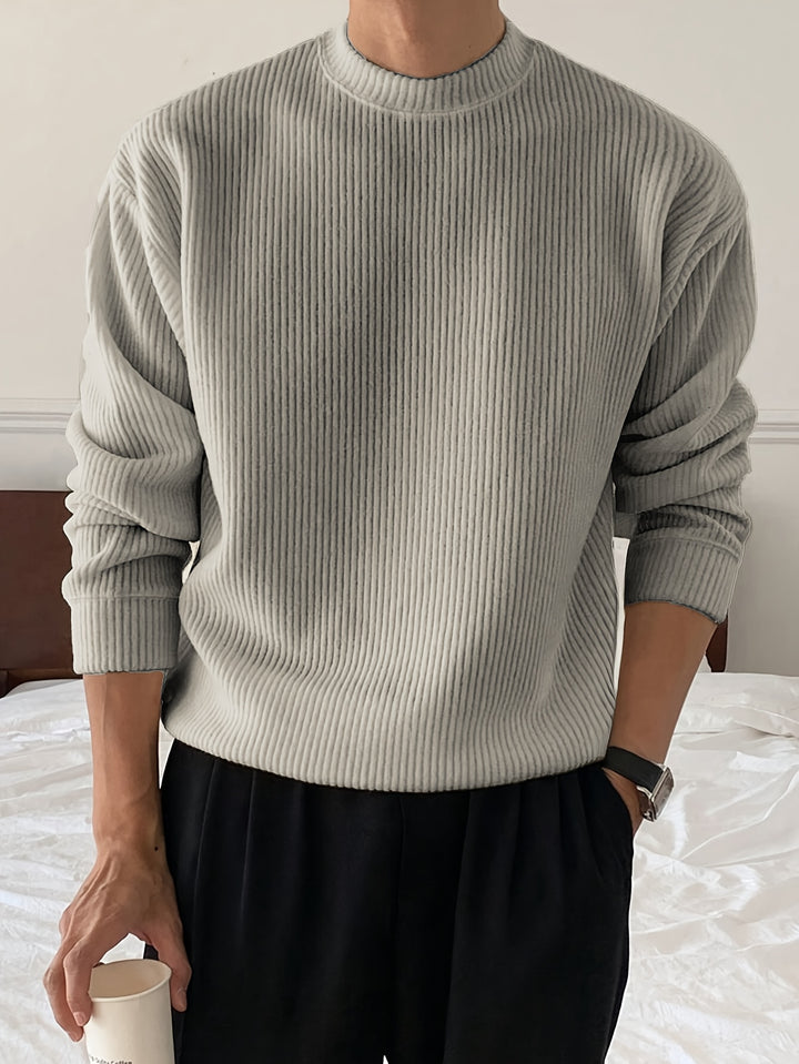 Heren gebreid T-shirt met lange mouwen, geribbeld en losvallend, voor lente/herfst, nieuwe gebreide pullover met ronde hals, casual modieuze sweatshirt