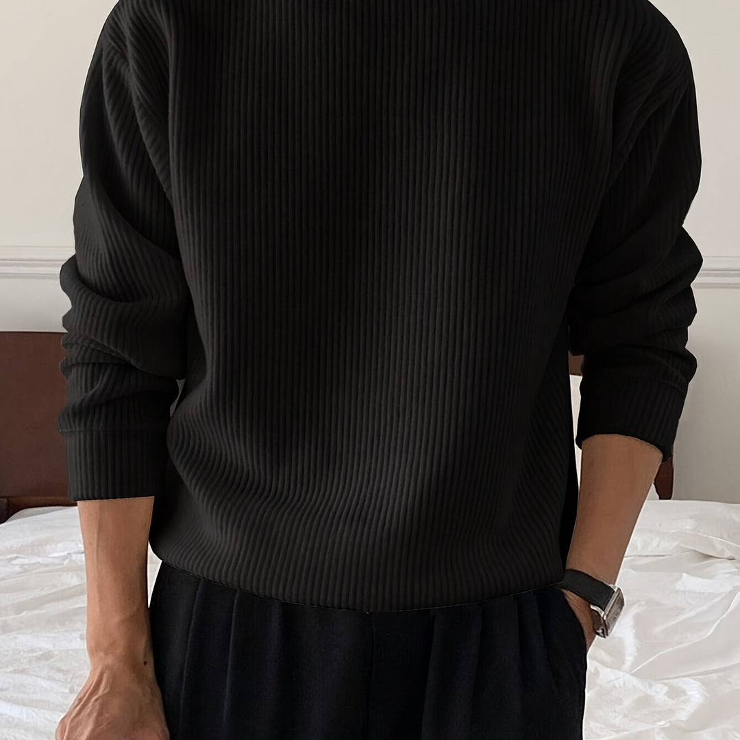 Heren gebreid T-shirt met lange mouwen, geribbeld en losvallend, voor lente/herfst, nieuwe gebreide pullover met ronde hals, casual modieuze sweatshirt