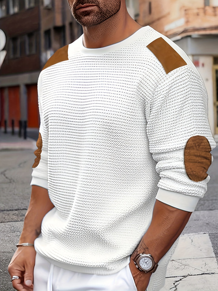Herren Casual Waffle Tricot Sweatshirt met Contrastkleuren en Patches - Wasbaar Ronde Hals Pullover voor Outdoor Vrije Tijd, Textuur Kleding