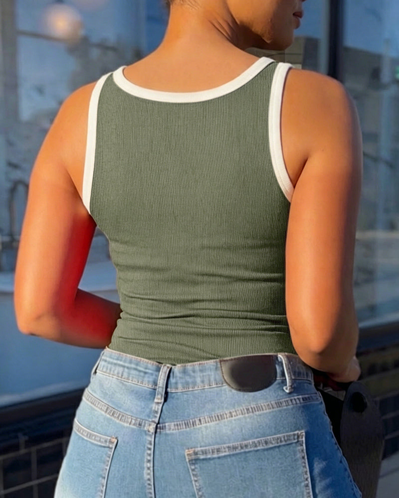 Women's Contrast Binding Camisole Rib-Knit Slim Fit Tank Top Sexy Cami with Metal Buckle Straps