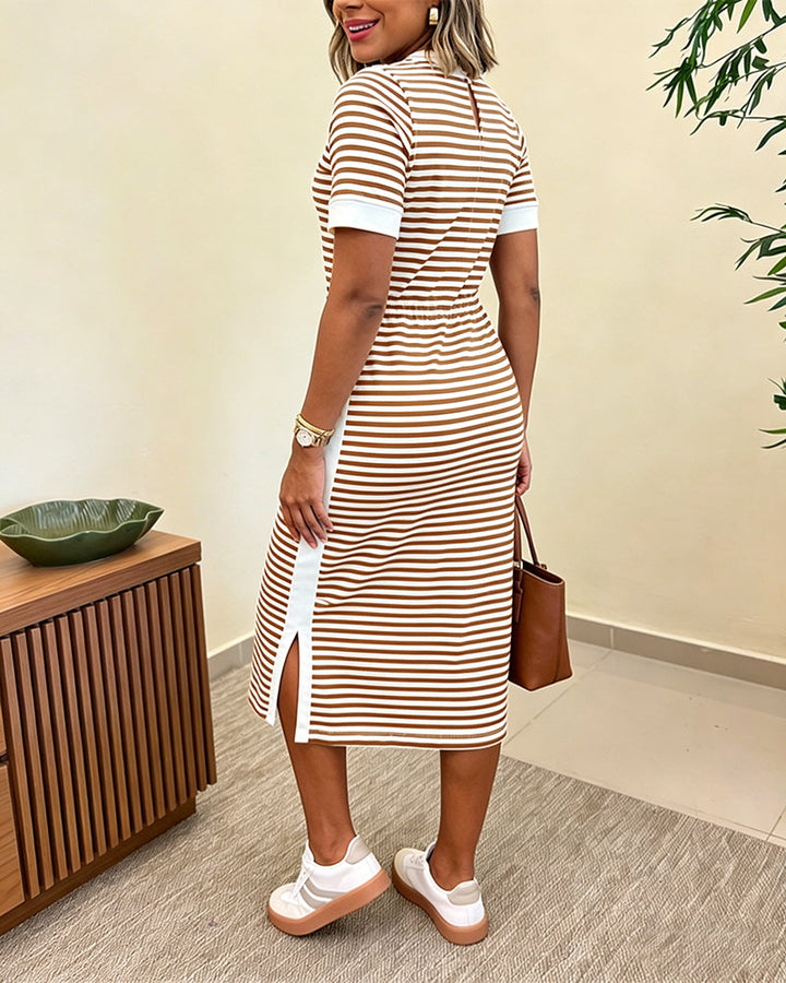 Women's Striped Colorblock Midi T-Shirt Dress Casual Crew Neck Waist-Cinching Slit Dress with Pockets