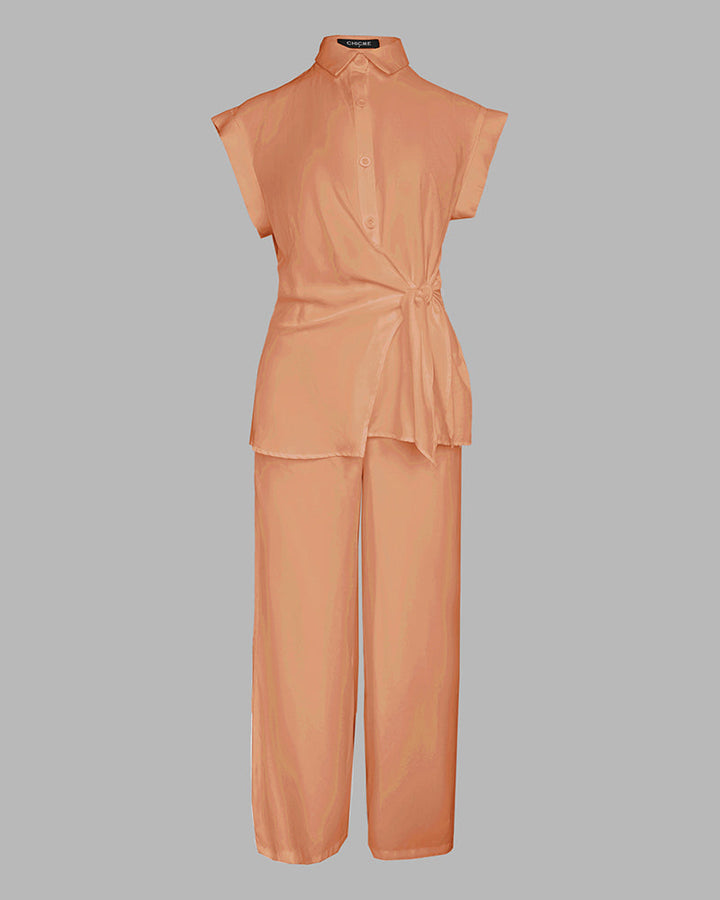 2 Pieces Outfit Turn-down Collar Cap Sleeve Button Front Tied Detail Top and Casual Zipper Fly Elastic Back Waist Wide-Leg Pants Set