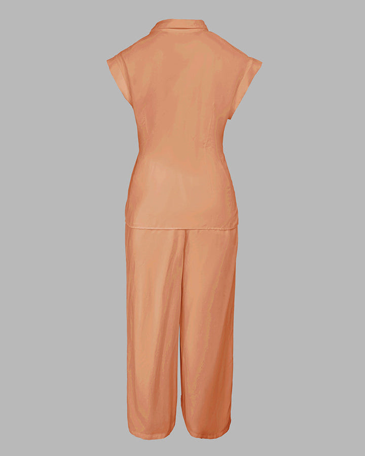 2 Pieces Outfit Turn-down Collar Cap Sleeve Button Front Tied Detail Top and Casual Zipper Fly Elastic Back Waist Wide-Leg Pants Set
