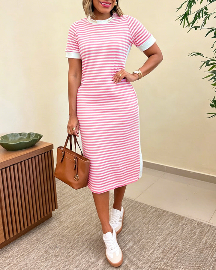 Women's Striped Colorblock Midi T-Shirt Dress Casual Crew Neck Waist-Cinching Slit Dress with Pockets