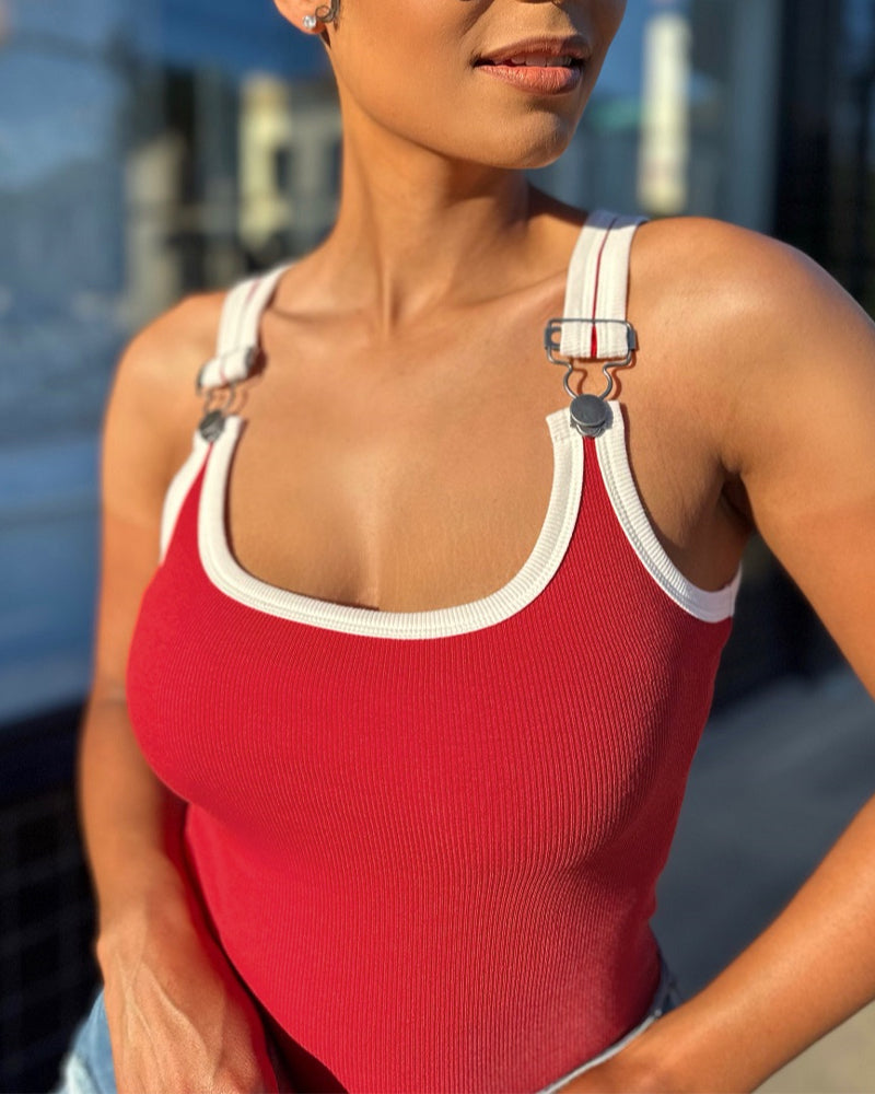Women's Contrast Binding Camisole Rib-Knit Slim Fit Tank Top Sexy Cami with Metal Buckle Straps