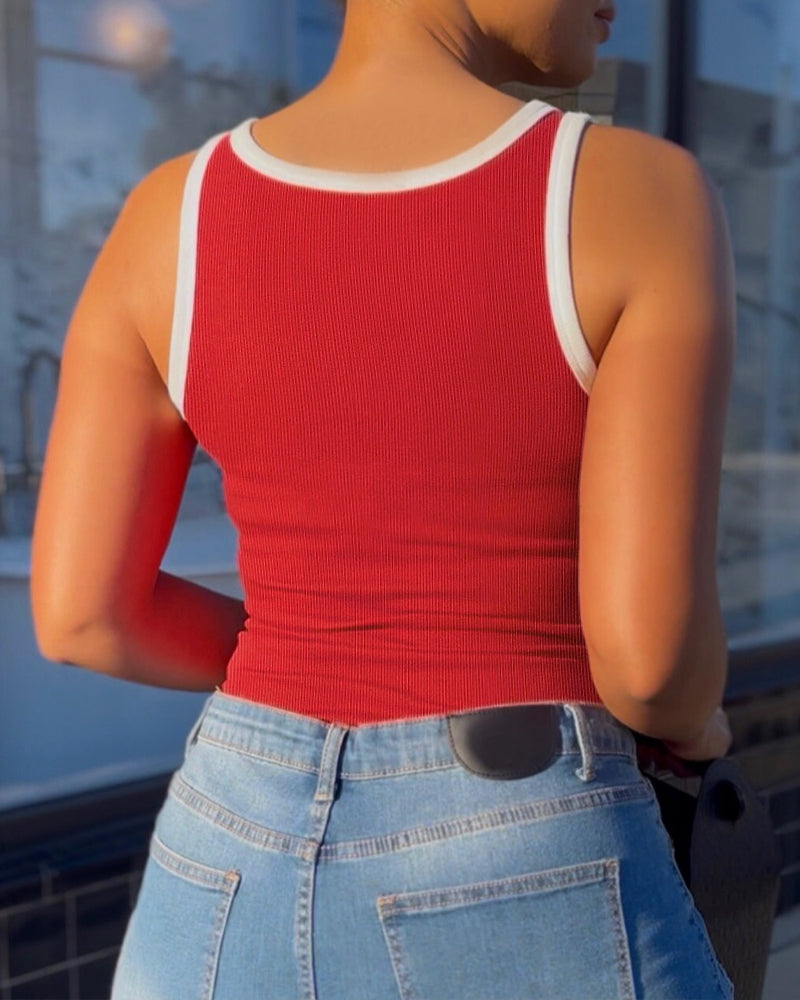 Women's Contrast Binding Camisole Rib-Knit Slim Fit Tank Top Sexy Cami with Metal Buckle Straps