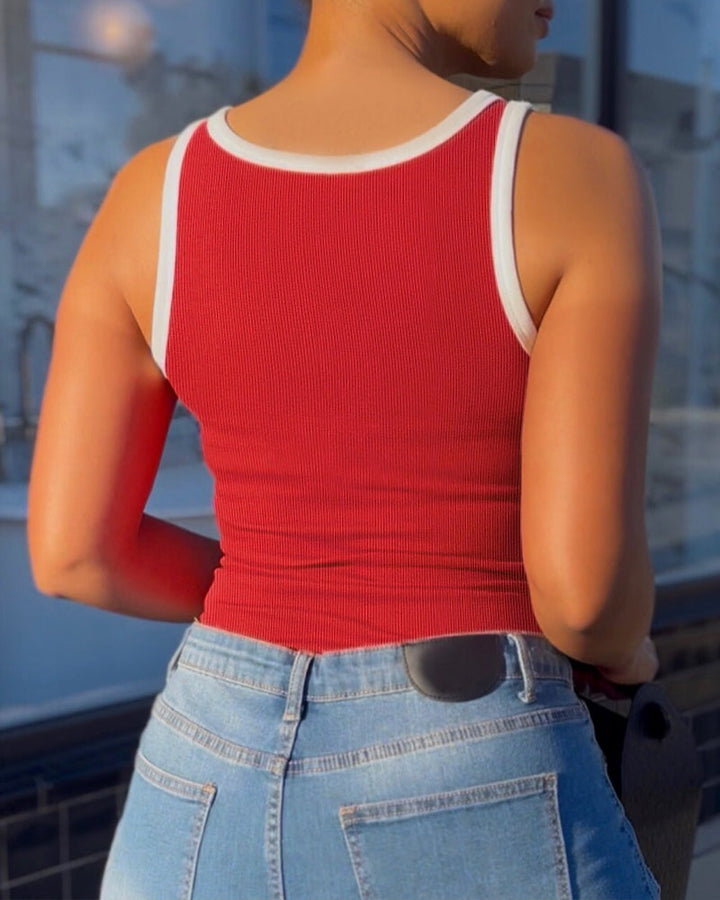 Women's Contrast Binding Camisole Rib-Knit Slim Fit Tank Top Sexy Cami with Metal Buckle Straps