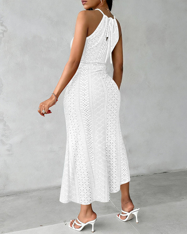 Adjustable Halter Hollow-out Back Ruched Front Slit Dress Guipure Lace Yoke Eyelet Embroidery Vacation Dress